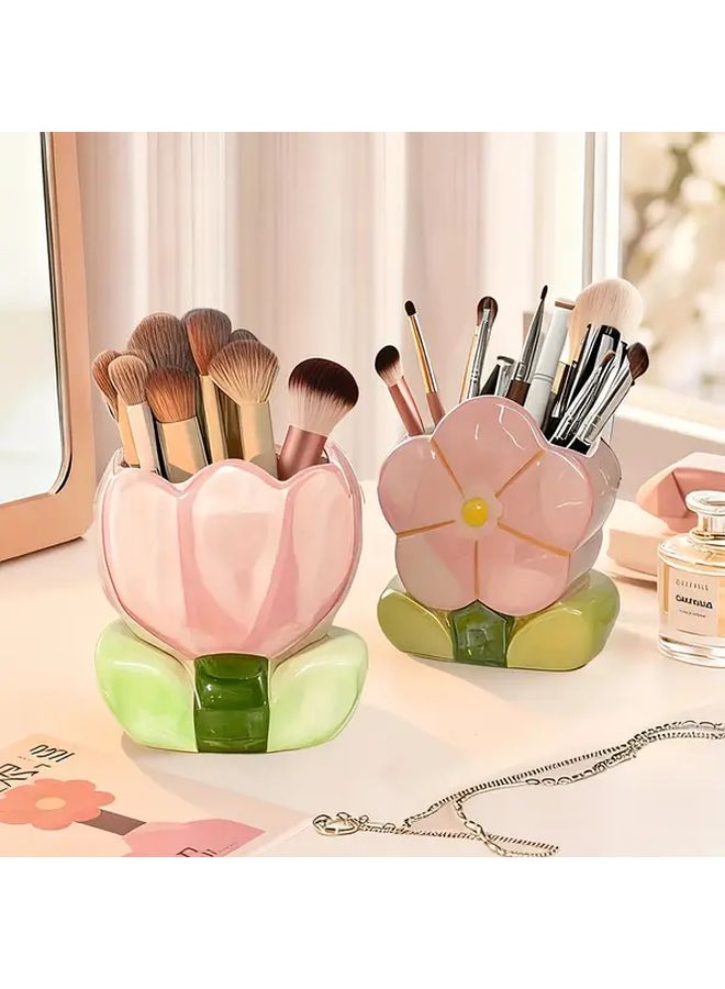 Heart Shaped Resin Cosmetic Organizer Pink Vanity Brush Pen Holder Case - Image 4