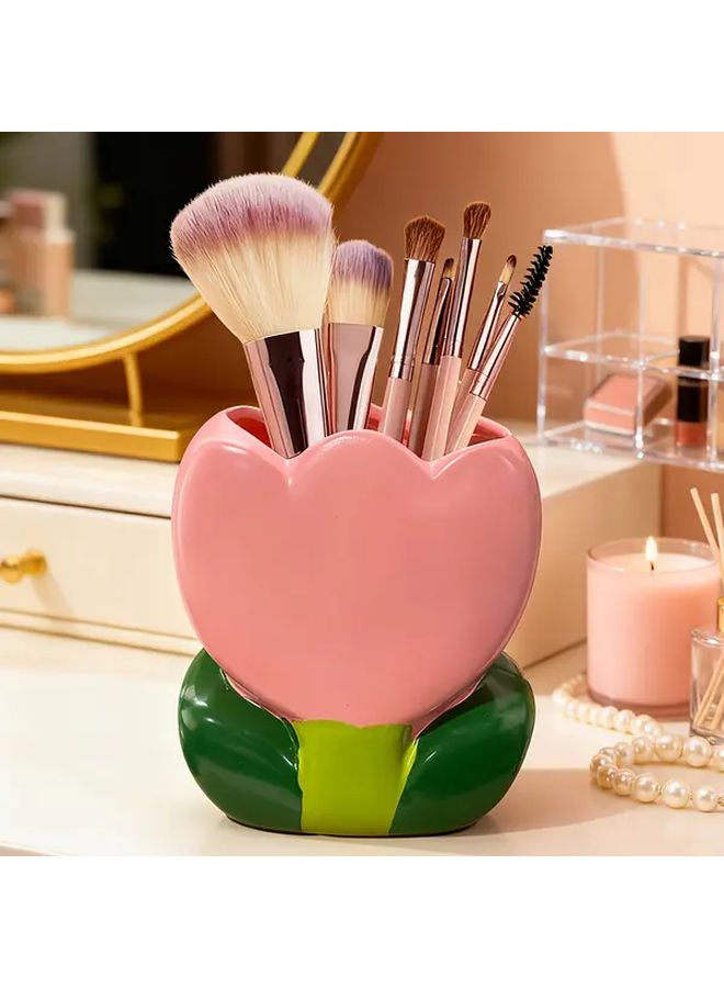 Heart Shaped Resin Cosmetic Organizer Pink Vanity Brush Pen Holder Case - Image 1