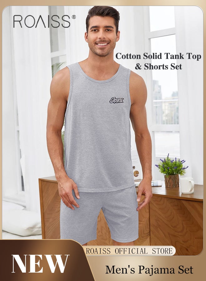 roaiss 2Pcs Pure Cotton Pajamas Suit for Men H Type Round Neck Sleeveless Vest and Comfortable Loose Shorts Mens Summer Letter Pattern Soft Skin-Friendly Pyjama Set Suitable for Boyfriend Husband Dad Son - Image 1