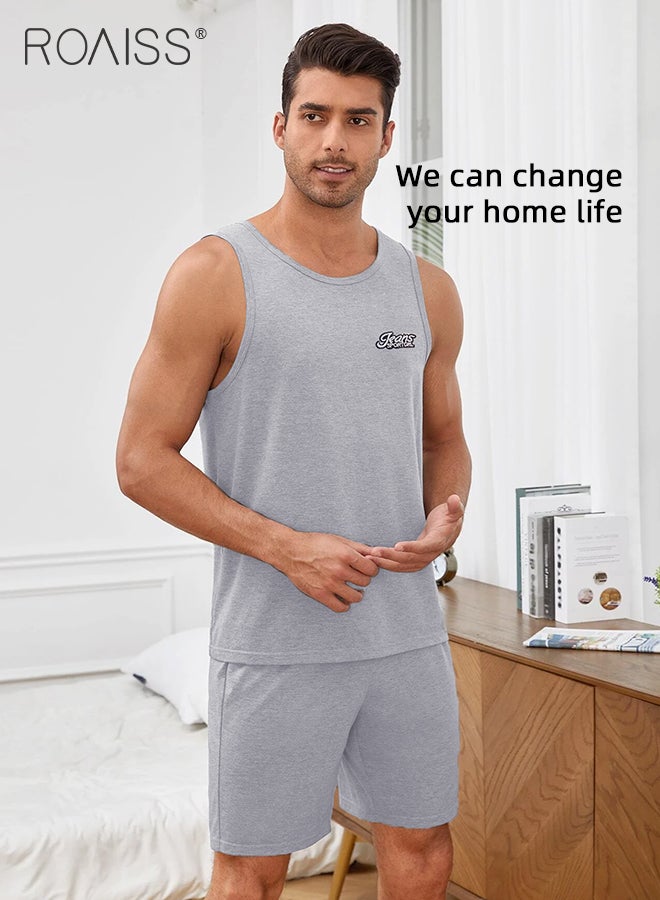 roaiss 2Pcs Pure Cotton Pajamas Suit for Men H Type Round Neck Sleeveless Vest and Comfortable Loose Shorts Mens Summer Letter Pattern Soft Skin-Friendly Pyjama Set Suitable for Boyfriend Husband Dad Son - Image 2