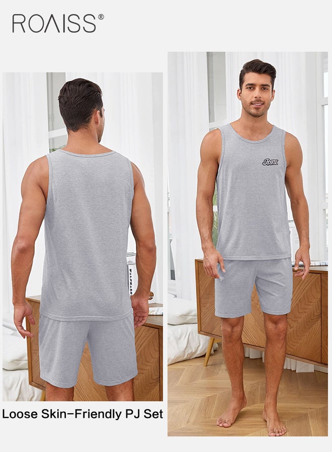 roaiss 2Pcs Pure Cotton Pajamas Suit for Men H Type Round Neck Sleeveless Vest and Comfortable Loose Shorts Mens Summer Letter Pattern Soft Skin-Friendly Pyjama Set Suitable for Boyfriend Husband Dad Son - Image 3