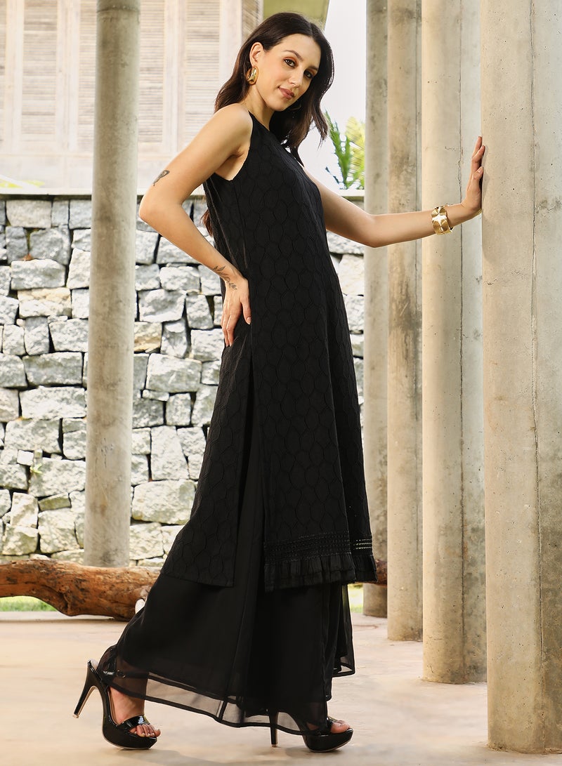 QISSA Qissa Women's Midnight Black Ditsy Floral Kurta Set For Casual Wear | Halter Neck | Sleeveless | 3 Piece Kurta Set Designed With Comfort Fit For Everyday Ethnic Wear  - Image 3
