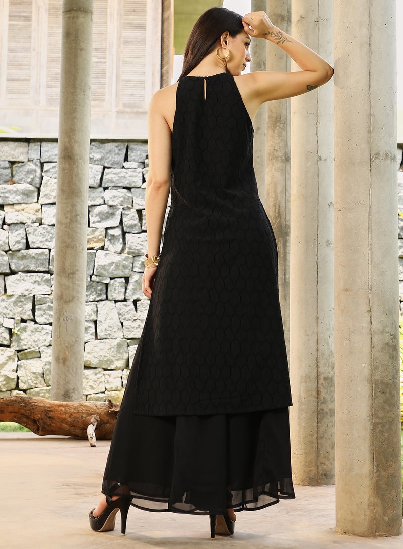 QISSA Qissa Women's Midnight Black Ditsy Floral Kurta Set For Casual Wear | Halter Neck | Sleeveless | 3 Piece Kurta Set Designed With Comfort Fit For Everyday Ethnic Wear  - Image 5