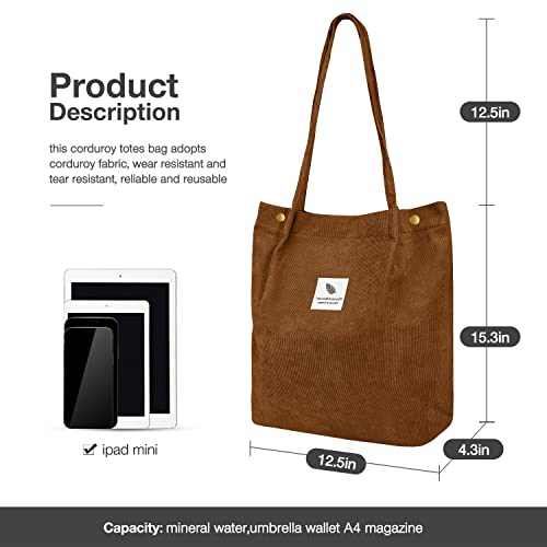 LHMTQVK Corduroy Tote Bags for Women, Large Capacity Corduroy Bag Reusable Grocery Shoulder Bag with Inner Pockets (Coffee) - Image 2