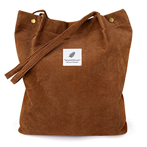 LHMTQVK Corduroy Tote Bags for Women, Large Capacity Corduroy Bag Reusable Grocery Shoulder Bag with Inner Pockets (Coffee) - Image 1