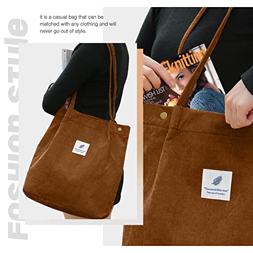 LHMTQVK Corduroy Tote Bags for Women, Large Capacity Corduroy Bag Reusable Grocery Shoulder Bag with Inner Pockets (Coffee) - Image 5
