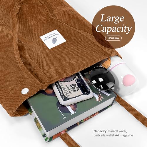 LHMTQVK Corduroy Tote Bags for Women, Large Capacity Corduroy Bag Reusable Grocery Shoulder Bag with Inner Pockets (Coffee) - Image 3
