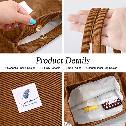 LHMTQVK Corduroy Tote Bags for Women, Large Capacity Corduroy Bag Reusable Grocery Shoulder Bag with Inner Pockets (Coffee) - Image 4