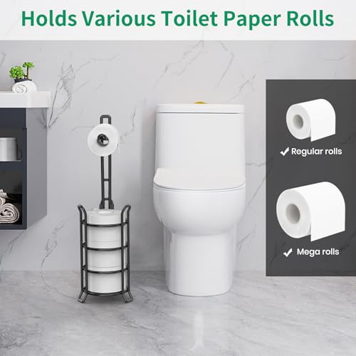 TomCare Toilet Paper Holder Toilet Paper Stand and Dispenser for 3 Spare Rolls Metal Wire Free-Standing Toilet Tissue Paper Roll Storage Shelf Bathroom Accessories Storage Organizer Black - Image 4
