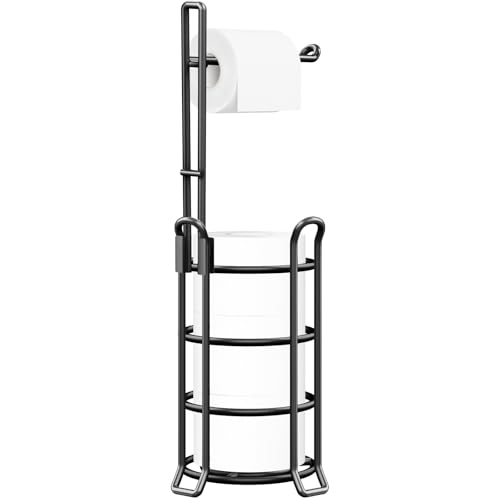 TomCare Toilet Paper Holder Toilet Paper Stand and Dispenser for 3 Spare Rolls Metal Wire Free-Standing Toilet Tissue Paper Roll Storage Shelf Bathroom Accessories Storage Organizer Black - Image 1