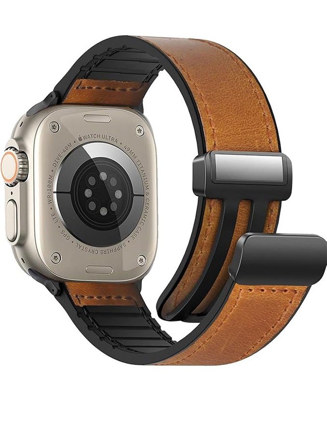 Magnetic Leather Watch Band Compatible With Apple Watch 49mm 46mm 45mm 44mm 42mm(Series 3/2/1), Genuine Leather Magnetic Buckle, Compatible With IWatch Ultra 1/2 Series SE/10/9/8/7/6/5/4 3  - Image 1