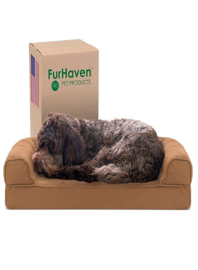 Furhaven Cooling Gel Dog Bed for Medium/Small Dogs w/ Removable Bolsters & Washable Cover, For Dogs Up to 35 lbs - Quilted Sofa - Toasted Brown, Medium - Image 1
