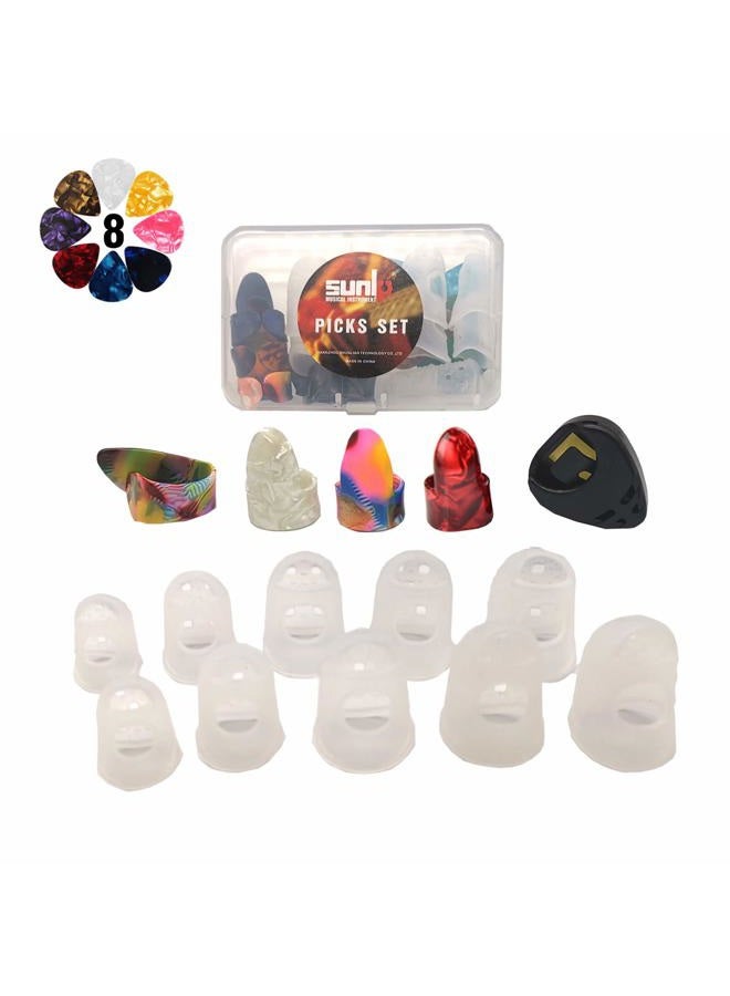 SUNLP MUSICAL INSTRUMENT Thumb Finger Picks, Guitar Finger Fingertip Protectors, Guitar Picks, Pick Holder, Gift Set Kit useful for Acoustic Guitar Ukulele Kalimba Starter & Other String - Image 1