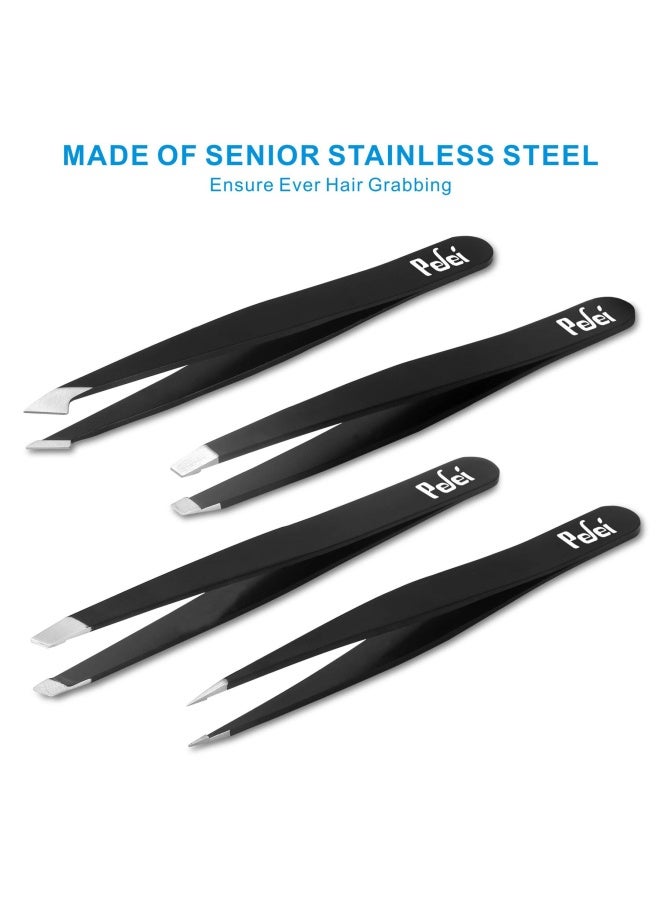 Pefei Tweezers Set  Professional Stainless Steel Tweezers for Eyebrows  Great Precision for Facial Hair Splinter and Ingrown Hair Removal Black - Image 4