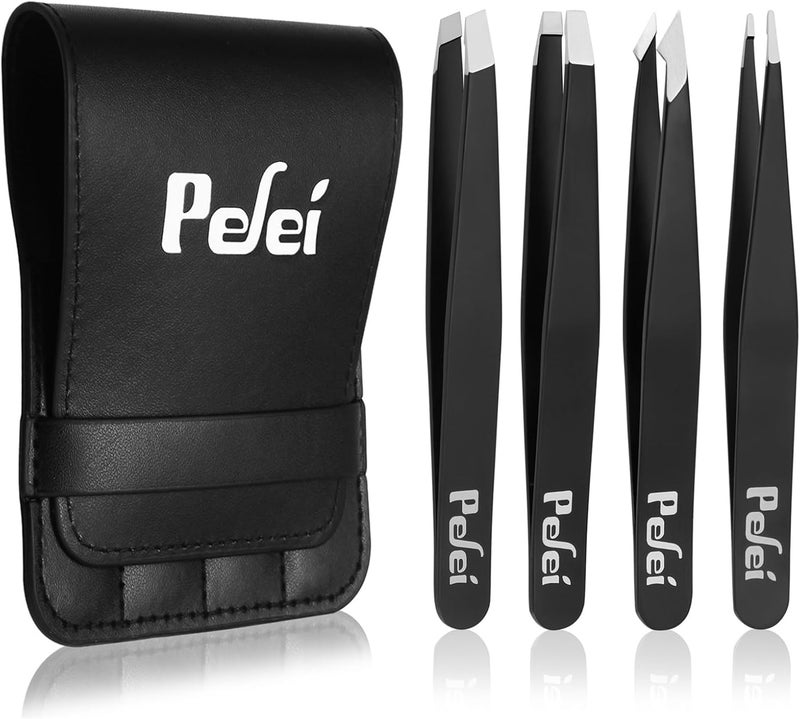 Pefei Tweezers Set  Professional Stainless Steel Tweezers for Eyebrows  Great Precision for Facial Hair Splinter and Ingrown Hair Removal Black - Image 1