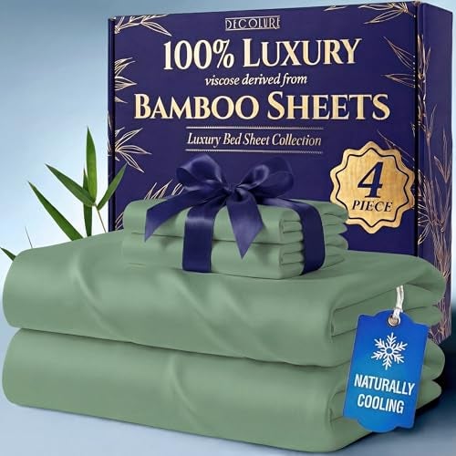 DECOLURE 100 Viscose Derived from Bamboo Sheets California King Size Luxury 4 Pc Naturally Cooling Sheets Ultra Soft Bed Set Deep 17 Pockets Double Stitching Oeko Tex Standard Sage Green - Image 1