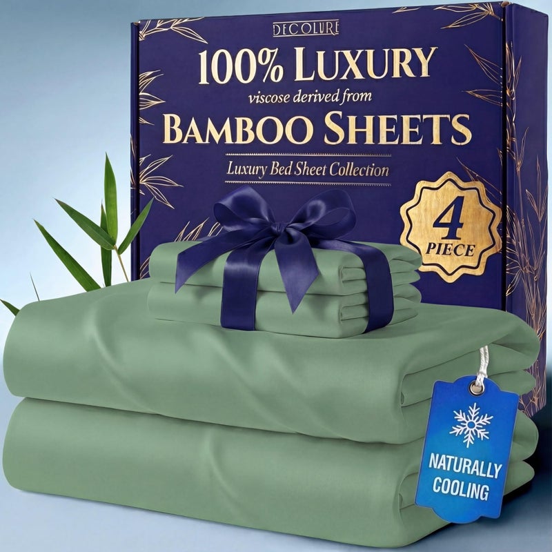 DECOLURE 100 Viscose Derived from Bamboo Sheets California King Size Luxury 4 Pc Naturally Cooling Sheets Ultra Soft Bed Set Deep 17 Pockets Double Stitching Oeko Tex Standard Sage Green - Image 2