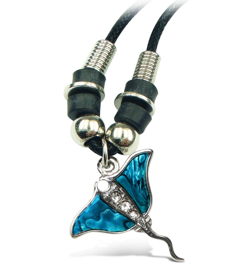 Puzzled Blue and Silver Manta Ray Necklace - Fashionable and Elegant Jewelry Necklace with Genuine New Zealand Paua Shell Pendant Charm, Ocean Themed Jewelry Unisex Necklace - 18 Inches Long - Image 1
