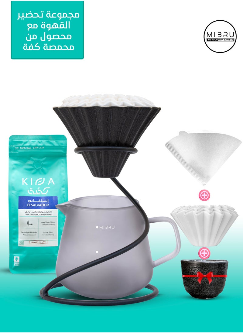 MIBRU MIBRU 6-in-1 V60 Pour Over Coffee Maker Set – Complete Manual Drip Brewing Kit with Premium Arabica Coffee Beans, V60 Cone Dripper, Heat-Resistant Glass Coffee Server, Reusable Paper Filters, Elegant Ceramic Cup, Spiral Metal Dripper Holder – Specialty Barista-Grade Pour Over Coffee Kit for Home, Office, Café, and Coffee Lovers – Professional Manual Coffee Brewing Gear for Hand Drip, Slow Brew, and Fresh Ground Coffee 