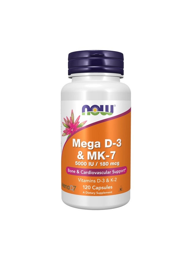 NOW Supplements, Mega D-3 & MK-7, 5000 IU / 180 mcg, Bone & Cardiovascular Support*, Vitamins K-3 & K-2, 120 Capsules - Image 1