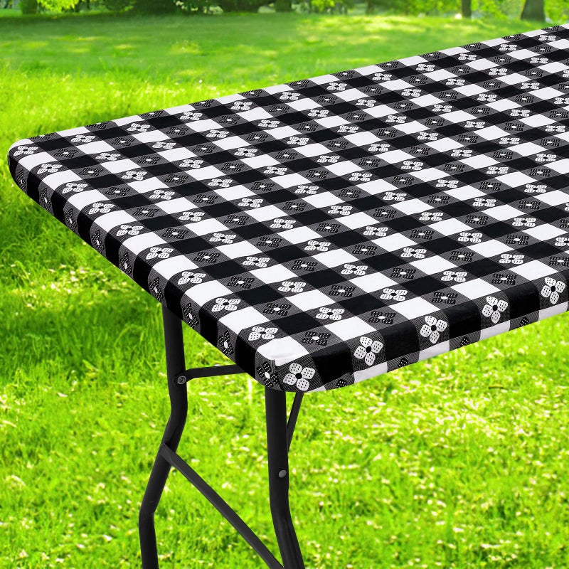Spotjoy Rectangle Vinyl Table Cloth, Waterproof Elastic Fitted Tablecloth with Flannel Backing, Plastic Table Cover for Picnic, Camping, Outdoor (Black & White, 30"x72") - Image 1