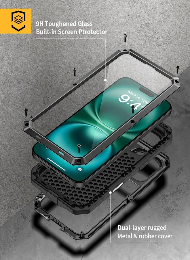 جراب Lanhiem لهاتف iPhone 16 Pro، جراب معدني متين مقاوم للصدمات مع واقي شاشة زجاجي مدمج، غطاء حماية قوي 360 درجة كامل الجسم مقاوم للغبار لهاتف iPhone 16 Pro 6.3 بوصة، أسود - Image 2