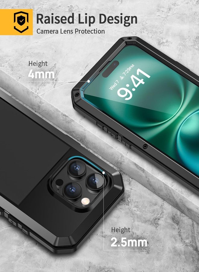 جراب Lanhiem لهاتف iPhone 16 Pro، جراب معدني متين مقاوم للصدمات مع واقي شاشة زجاجي مدمج، غطاء حماية قوي 360 درجة كامل الجسم مقاوم للغبار لهاتف iPhone 16 Pro 6.3 بوصة، أسود - Image 5