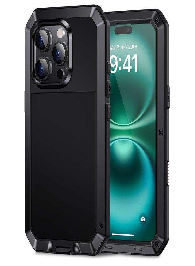 جراب Lanhiem لهاتف iPhone 16 Pro، جراب معدني متين مقاوم للصدمات مع واقي شاشة زجاجي مدمج، غطاء حماية قوي 360 درجة كامل الجسم مقاوم للغبار لهاتف iPhone 16 Pro 6.3 بوصة، أسود - Image 1
