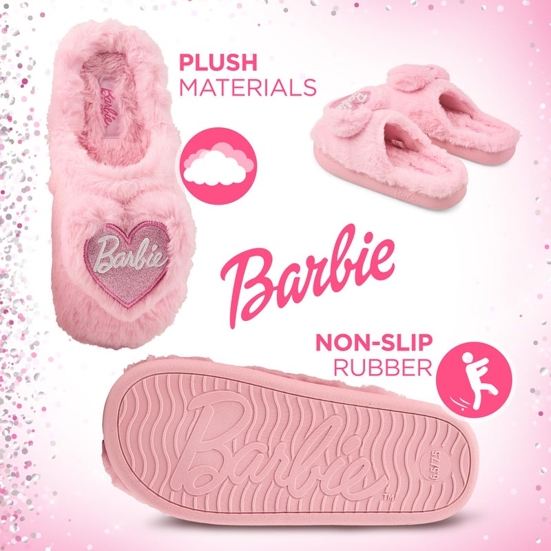 Barbie Fuzzy Girls Slippers with Fluffy Heart and Logo â€“ Cozy Indoor House Shoes for Kids, Soft Plush Slip-Ons - Image 5