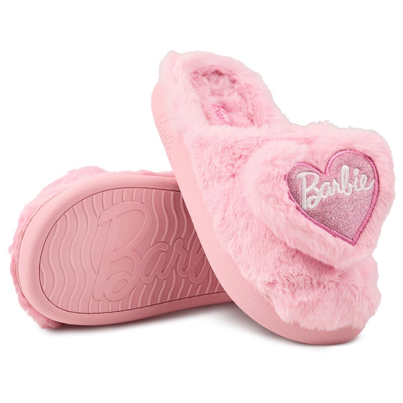 Barbie Fuzzy Girls Slippers with Fluffy Heart and Logo â€“ Cozy Indoor House Shoes for Kids, Soft Plush Slip-Ons - Image 1