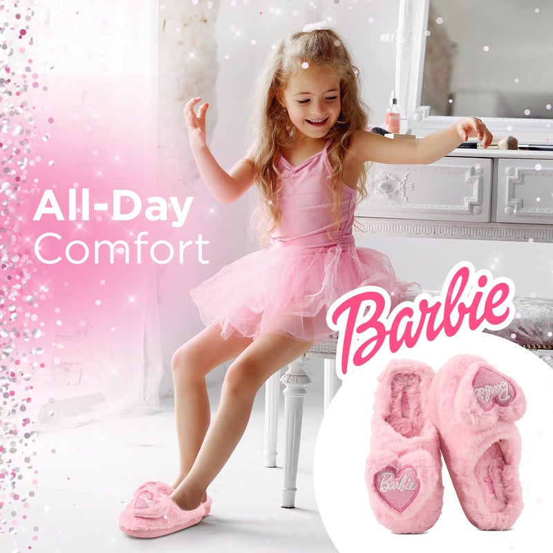 Barbie Fuzzy Girls Slippers with Fluffy Heart and Logo â€“ Cozy Indoor House Shoes for Kids, Soft Plush Slip-Ons - Image 2
