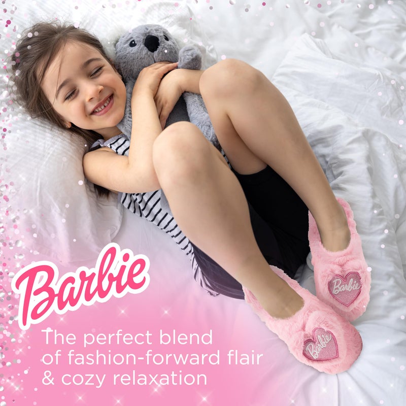 Barbie Fuzzy Girls Slippers with Fluffy Heart and Logo â€“ Cozy Indoor House Shoes for Kids, Soft Plush Slip-Ons - Image 4