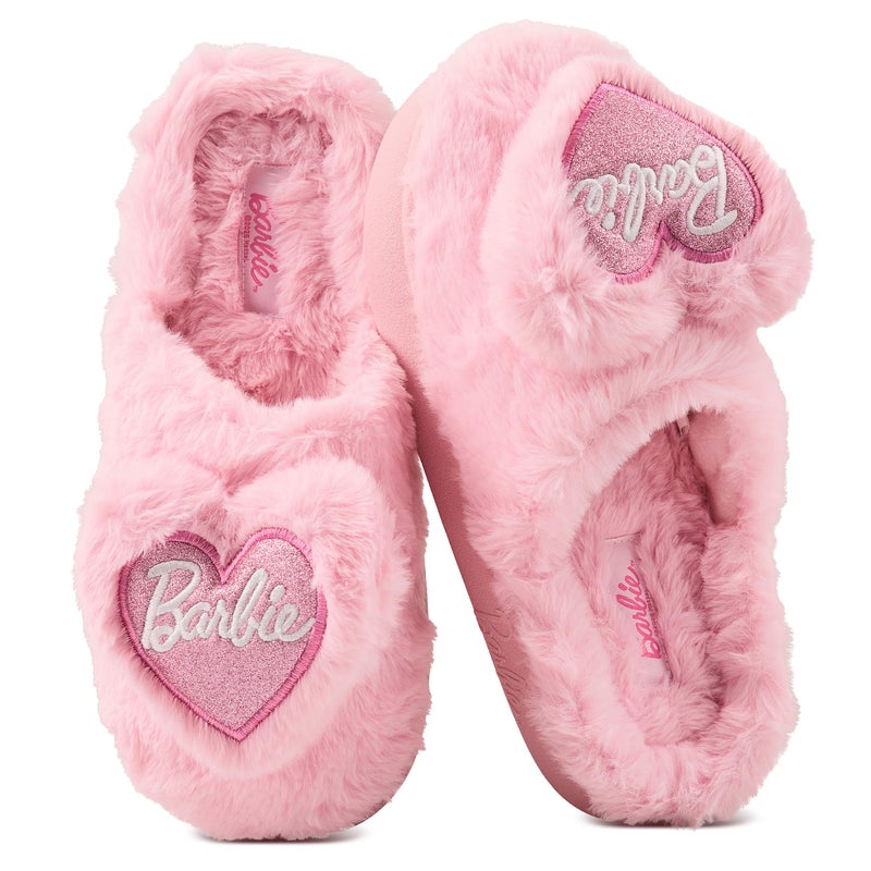 Barbie Fuzzy Girls Slippers with Fluffy Heart and Logo â€“ Cozy Indoor House Shoes for Kids, Soft Plush Slip-Ons - Image 3