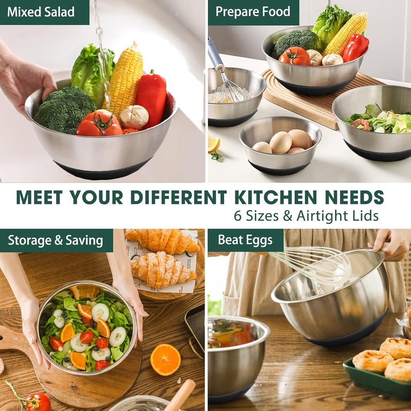 Umite Chef Mixing Bowls with Airtight Lids，6 piece Stainless Steel Metal Nesting Storage Bowls by, Non-Slip Bottoms Size 7, 3.5, 2.5, 2.0,1.5, 1QT, Great for Mixing & Serving(Black) - Image 3