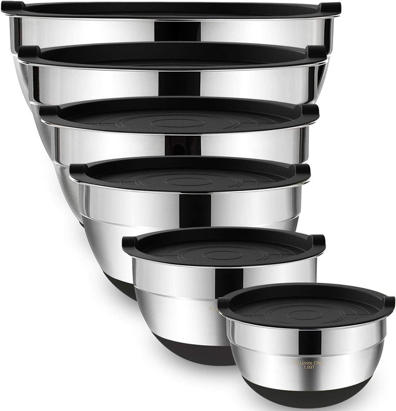 Umite Chef Mixing Bowls with Airtight Lids，6 piece Stainless Steel Metal Nesting Storage Bowls by, Non-Slip Bottoms Size 7, 3.5, 2.5, 2.0,1.5, 1QT, Great for Mixing & Serving(Black) - Image 1
