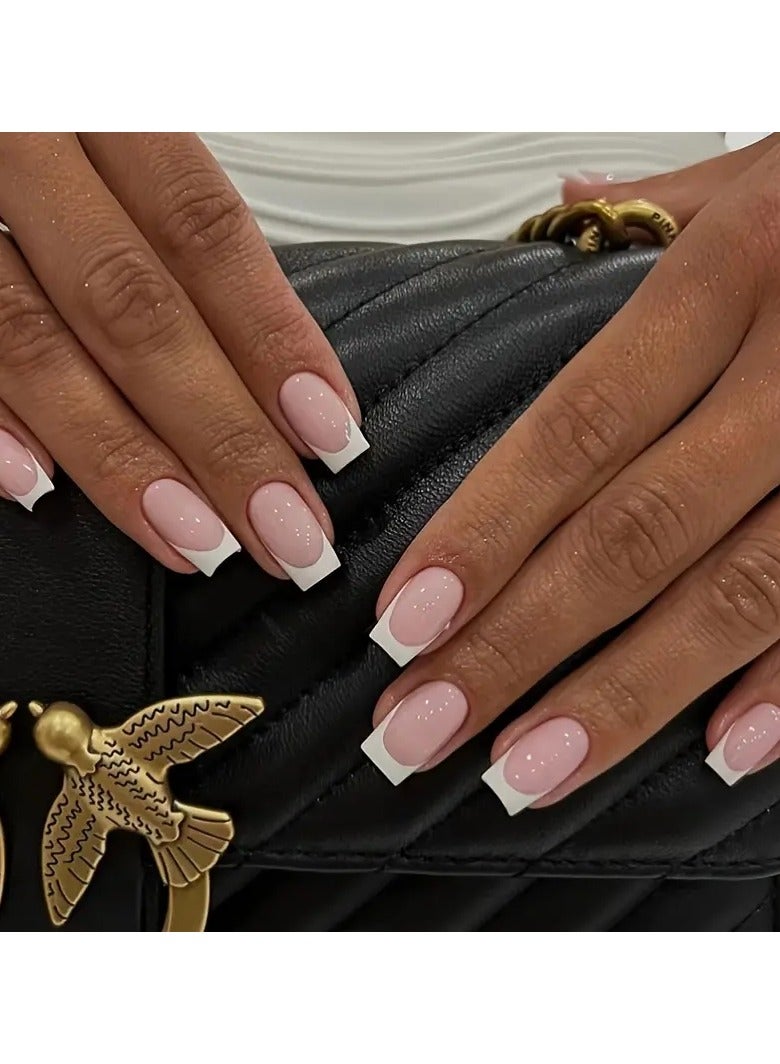 ORiTi 24 قطعة أظافر باليه فرنسية بيضاء حافة لاصقة - أظافر مزيفة متوسطة الطول على شكل تابوت للنساء والفتيات والمراهقات - تشمل لاصق وملف أظافر - Image 4