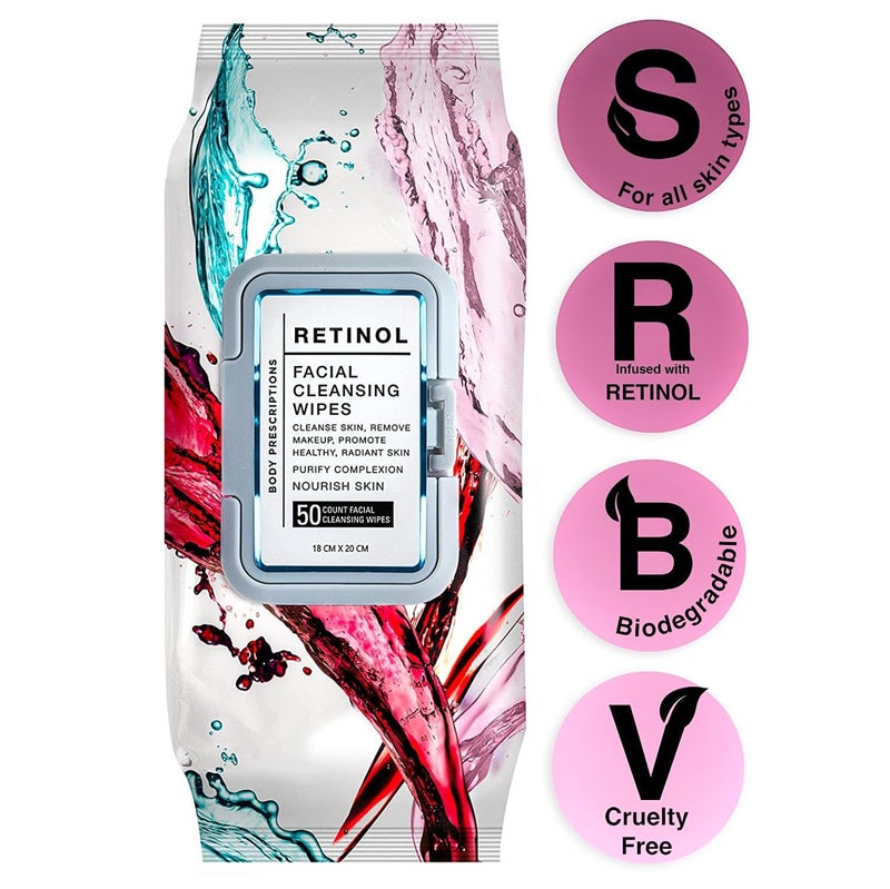 Body Prescriptions مناديل الوجه | مناديل تنظيف الوجه برتينول وإزالة المكياج بلطف - عبوة واحدة (50 قطعة) - Image 3