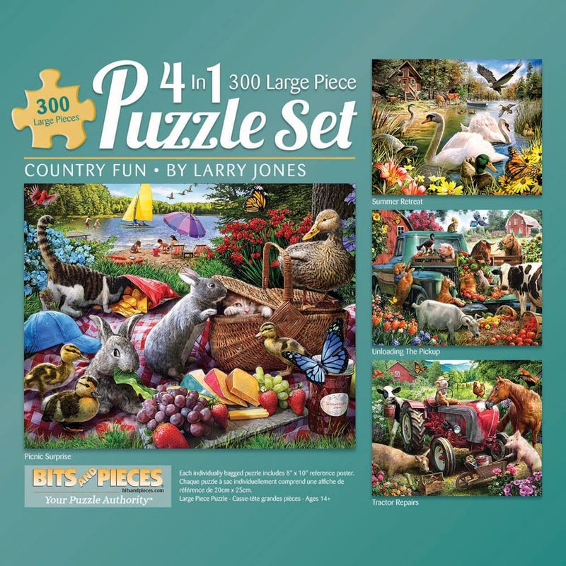 Bits and Pieces  4in1 MultiPack Jigsaw Puzzle Set for Adults  Picnic Surprise Pickup Tractor  Summer Retreat by Larry Jones  Random DieCut Pieces Four 300 Piece Puzzles 16 x 20 - Image 3