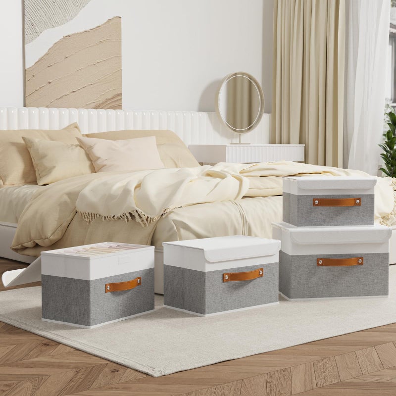 OUTBROS Large Foldable Storage Bins, Linen Fabric Box with Lid, Organiser for Shelves, Cubes For Towels, Clothes, 13 x 9.1 x 7.9 inch (White/Grey, 1-Pack) - Image 2