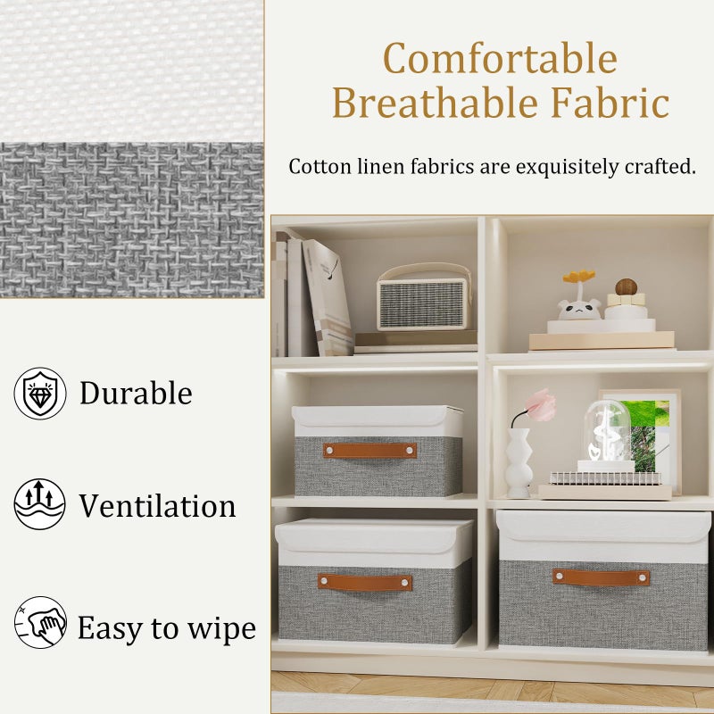 OUTBROS Large Foldable Storage Bins, Linen Fabric Box with Lid, Organiser for Shelves, Cubes For Towels, Clothes, 13 x 9.1 x 7.9 inch (White/Grey, 1-Pack) - Image 4