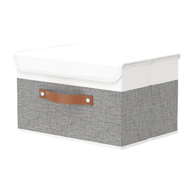 OUTBROS Large Foldable Storage Bins, Linen Fabric Box with Lid, Organiser for Shelves, Cubes For Towels, Clothes, 13 x 9.1 x 7.9 inch (White/Grey, 1-Pack) - Image 1