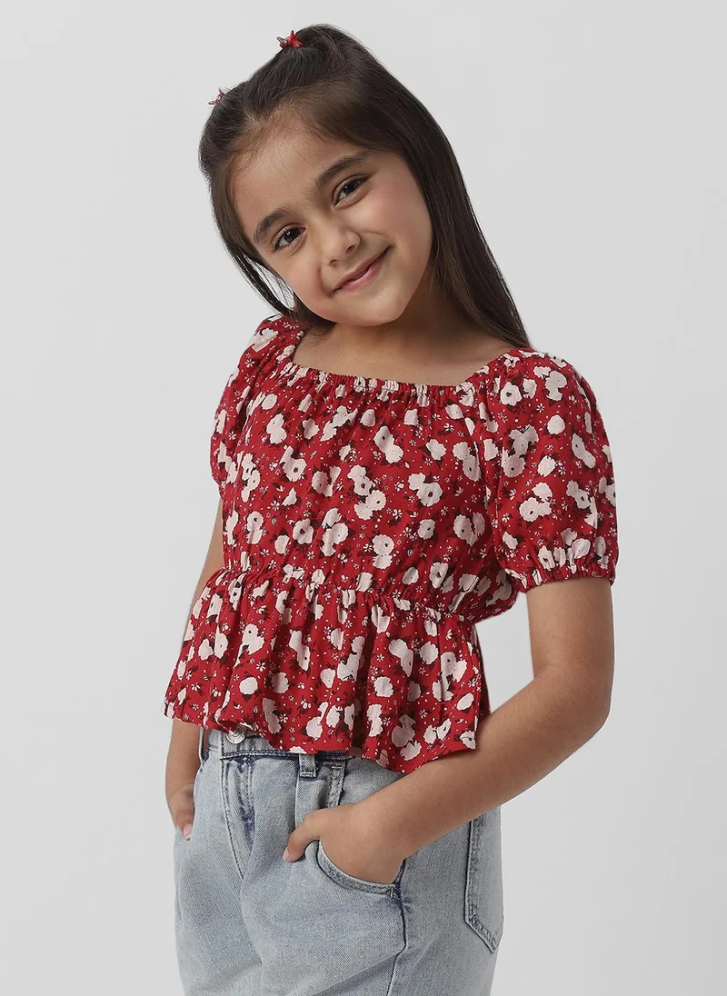 Nautinati Nautinati Girls Floral Print Puff Sleeve Fit and Flare Top