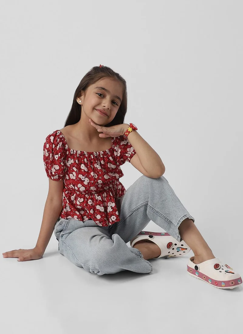 نوتيناتي Nautinati Girls Floral Print Puff Sleeve Fit and Flare Top