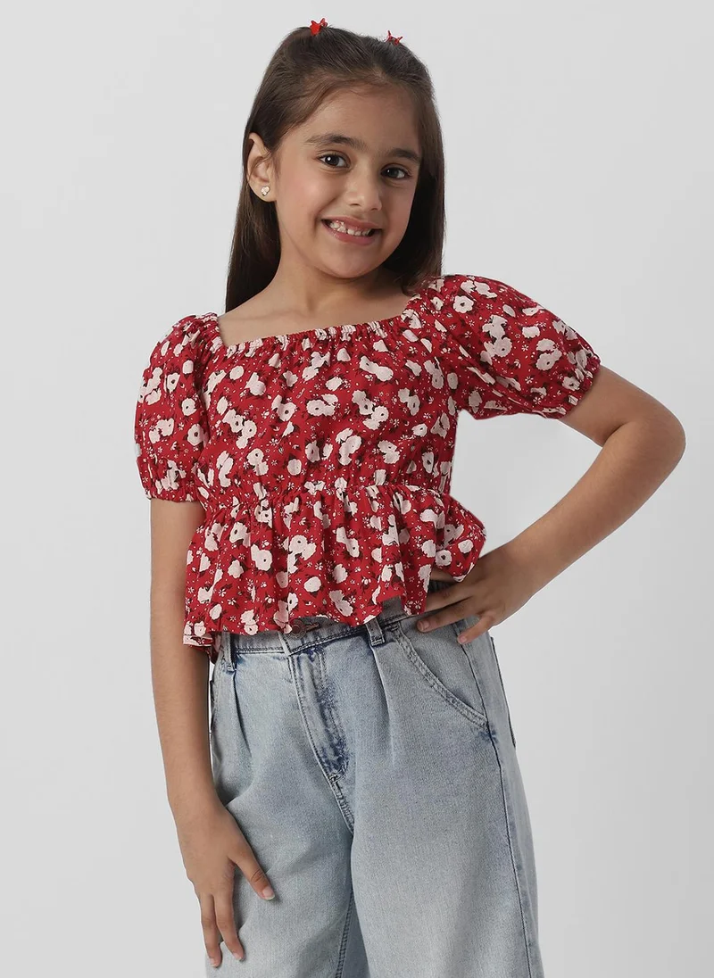Nautinati Nautinati Girls Floral Print Puff Sleeve Fit and Flare Top