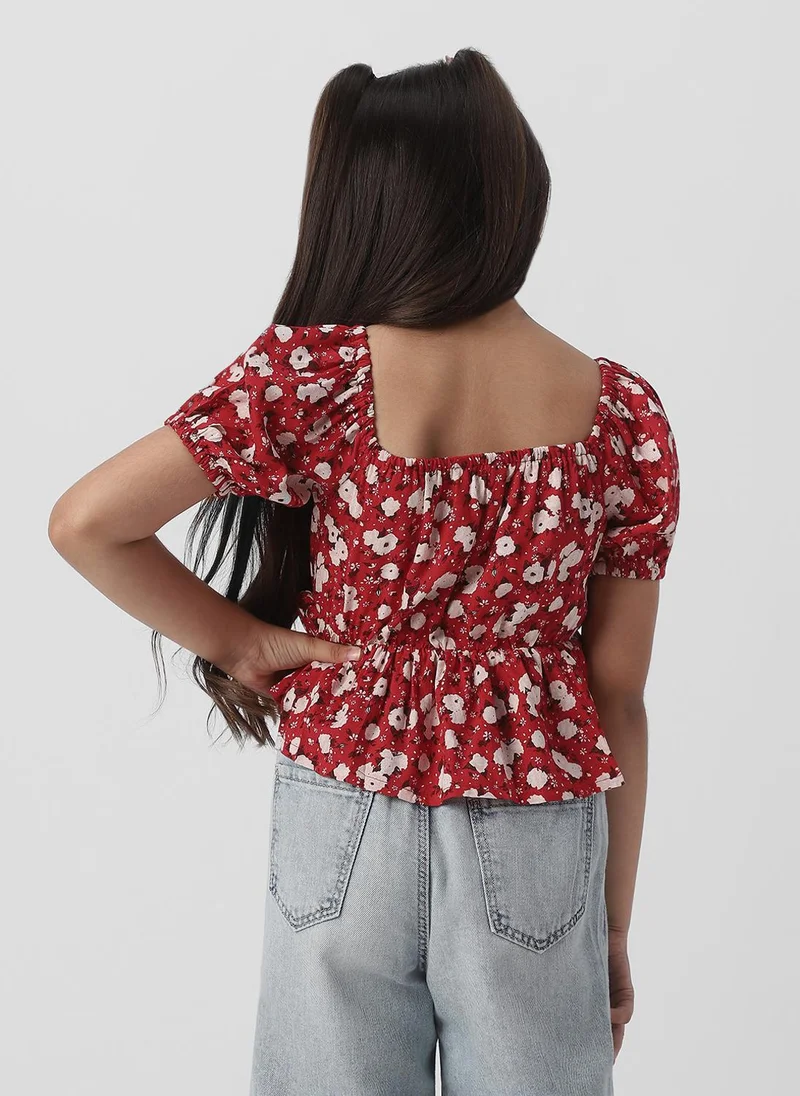 نوتيناتي Nautinati Girls Floral Print Puff Sleeve Fit and Flare Top