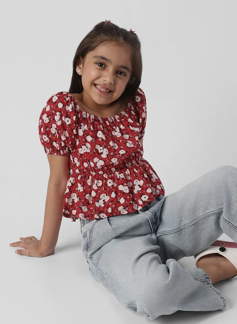 نوتيناتي Nautinati Girls Floral Print Puff Sleeve Fit and Flare Top