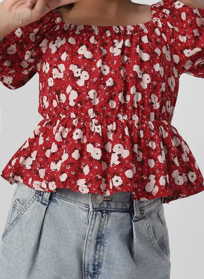 نوتيناتي Nautinati Girls Floral Print Puff Sleeve Fit and Flare Top