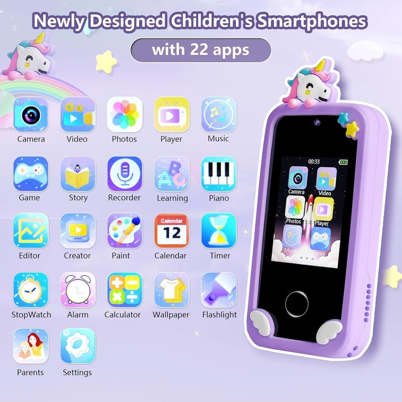 Eworld Unicorn Kids Smart Phone Toy, 2.8" IPS Touchscreen with Dual Camera & 8GB SD Card, Learning Play Phone for Ages 3–12, Assorted Colors - Image 2