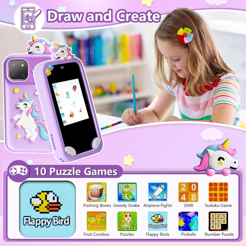 Eworld Unicorn Kids Smart Phone Toy, 2.8" IPS Touchscreen with Dual Camera & 8GB SD Card, Learning Play Phone for Ages 3–12, Assorted Colors - Image 5