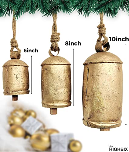 HIGHBIX Set of 3 Giant Harmony Cow Bells Huge Vintage Shabby Chic Handmade Rustic Lucky Christmas Hanging XL Bells On Rope Country Rustic (Extra Large) - Image 2